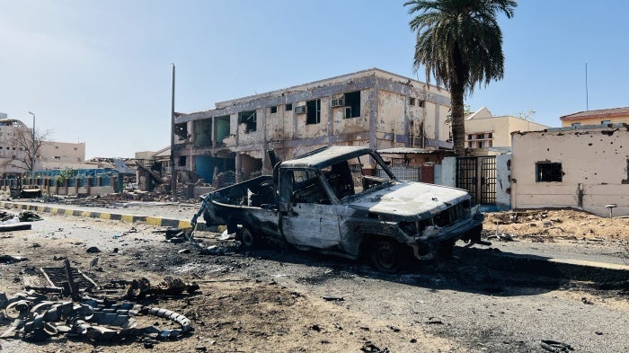 damage surrounding Al-Shaab Teaching Hospital 