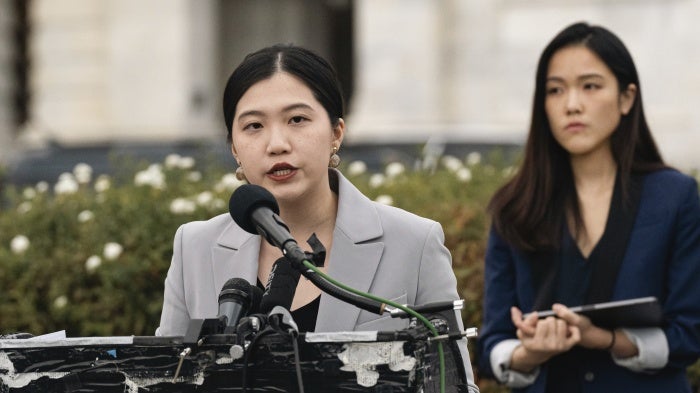 Anna Kwok, executive director of the Washington-based Hong Kong Democracy Council, at a rally in support of Hong Kong 47, Washington DC, November 19, 2024. (