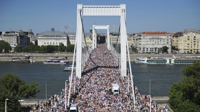 People gather for the Pride March in Budapest, Hungary, on June 28, 2025.