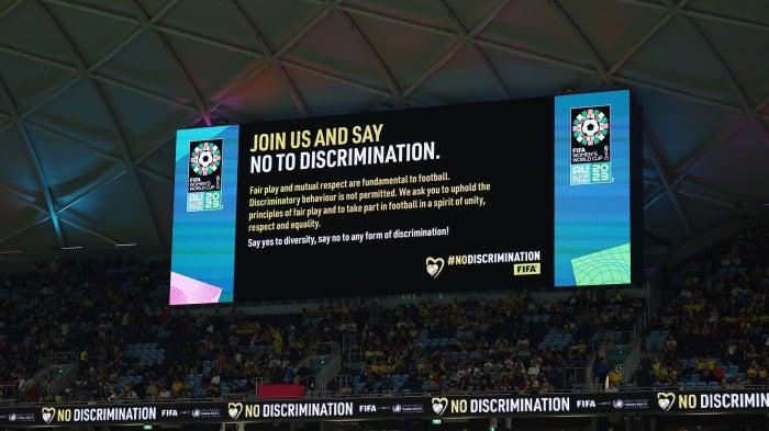  No Discrimination board during the FIFA Women's World Cup at the Sydney Football Stadium, Australia, July 30, 2023.