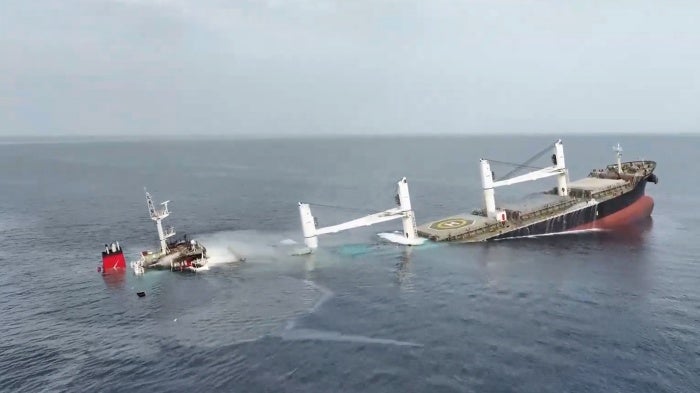 The Eternity C sinks after it was struck by a Houthi missile on July 8, 2025, on the Red Sea.