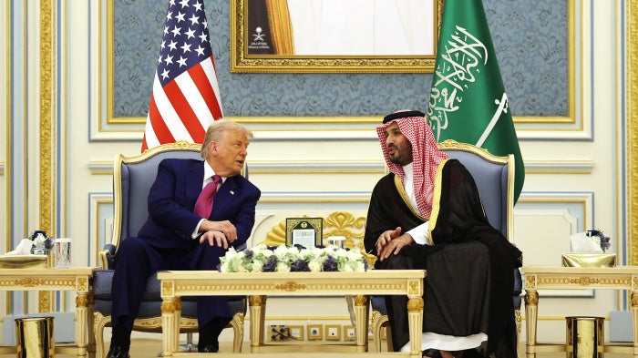 US President Donald Trump meets with Saudi Crown Prince Mohammed bin Salman at the Saudi Royal Court, in Riyadh, May 13, 2025.