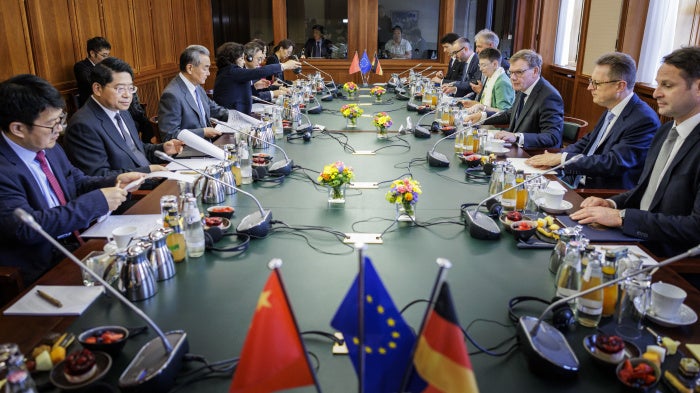 German Foreign Minister Johann Wadephul (third from right) meets with Chinese Foreign Minister Wang Yi during a Strategic Dialogue at the Federal Foreign Office, Berlin, July 3, 2025.  