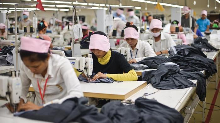 Women in the sewing division of a factory in Phnom Penh, Cambodia’s capital. Women constitute about 90 percent of the workforce in Cambodia’s garment industry.