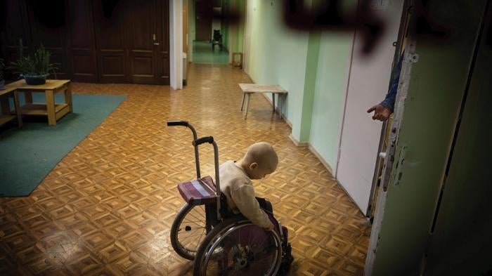 A child in a Russian state orphanage for children with disabilities.