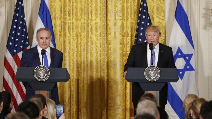 U.S. President Donald Trump with Israeli Prime Minister Benjamin Netanyahu at a joint news conference at the White House in Washington, DC, February 15, 2017.