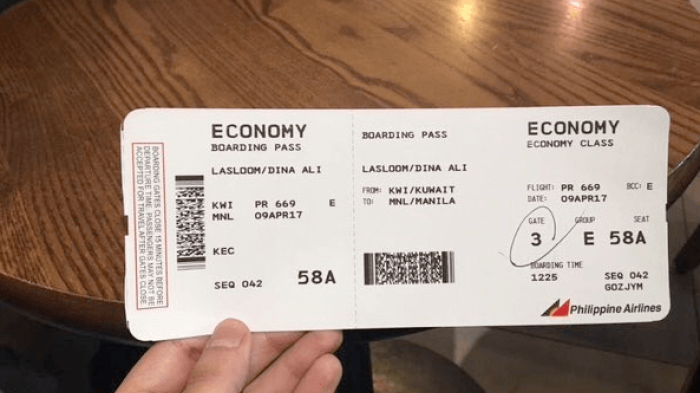 A photo of Dina Ali Lasloom’s boarding pass from Kuwait to the Philippines.