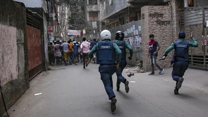 Police rush Bangladesh Nationalist Party (BNP) supporters at a protest on February 9, 2018, Dhaka, Bangladesh.