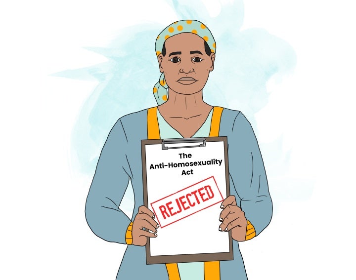 A woman holds up a document with a "rejected" stamp on it