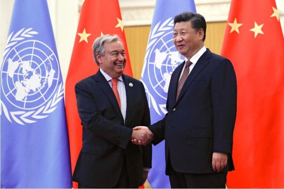 United Nations Secretary-General Antonio Guterres, left, shakes hands with Chinese President Xi Jinping before their bilateral meeting at the Great Hall of the People in Beijing, Sunday, Sept. 2, 2018. 