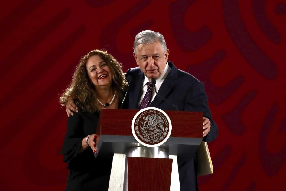 President Andrés Manuel López Obrador and Sanjuana Martínez, director of Notimex, during the morning conference on Friday, July 19, 2019 at the National Palace.