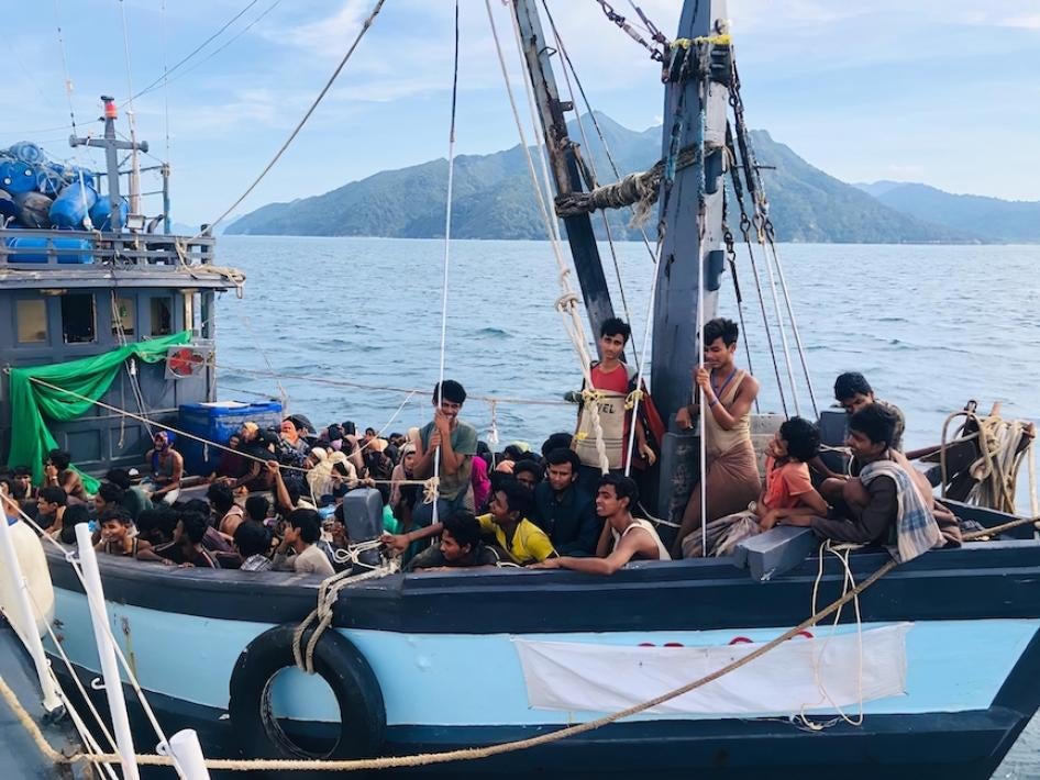 A boat carries Rohingya refugees off the coast of Langkawi, Malaysia, April 5, 2020.