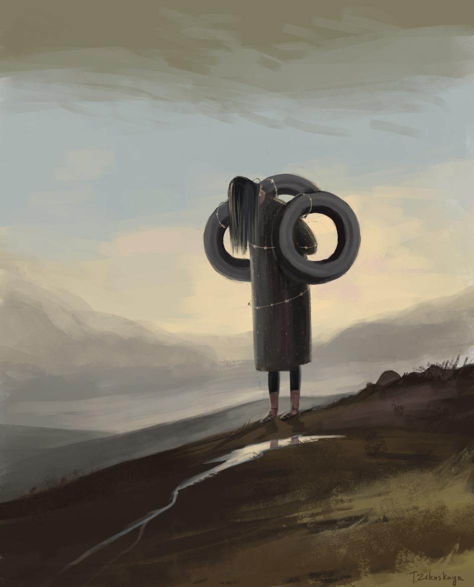 Художественная иллюстрация о бытовом насилии в Кыргызстане.