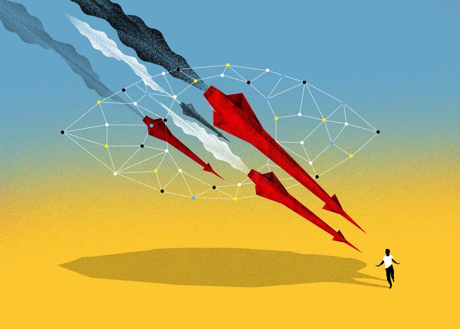 A cartoon image shows missiles raining down on a civilian running away. 