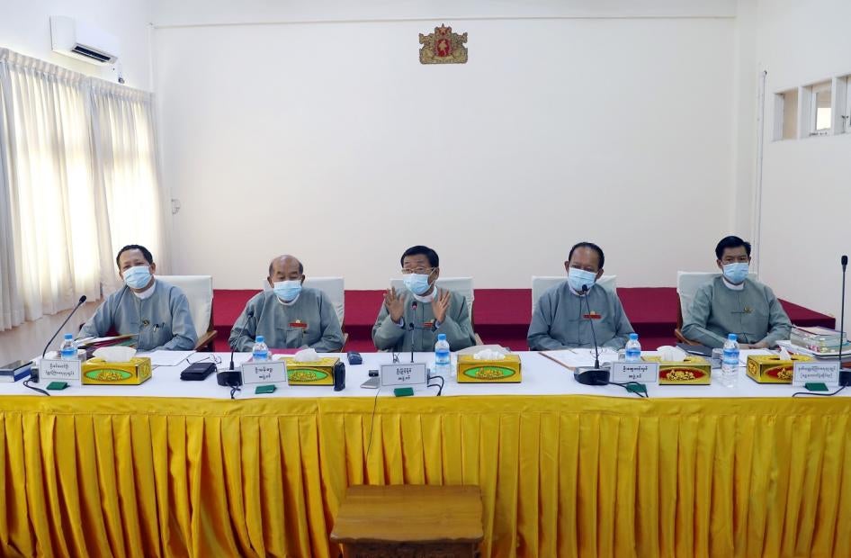 Members of the Union Election Commission  during a press conference in Naypyitaw, Myanmar on Thursday, June 4, 2020. 