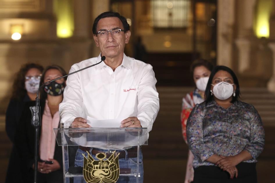 Martín Vizcarra speaks in front of the presidential palace after lawmakers voted to remove him from office in Lima, Peru, Monday, Nov. 9, 2020.