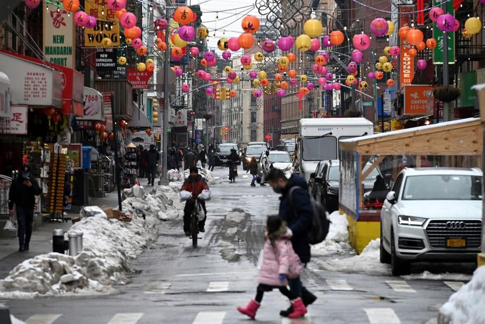Decorative lanterns hang above Mott street in Manhattan's Chinatown district before the start of the Chinese Lunar New Year, New York, NY, February 9, 2021. 