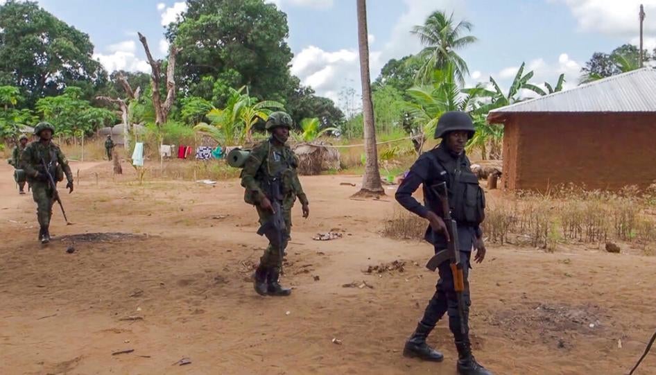 Rwandan soldiers patrol the village of Mute, in Cabo Delgado province, Mozambique, on August 9, 2021.