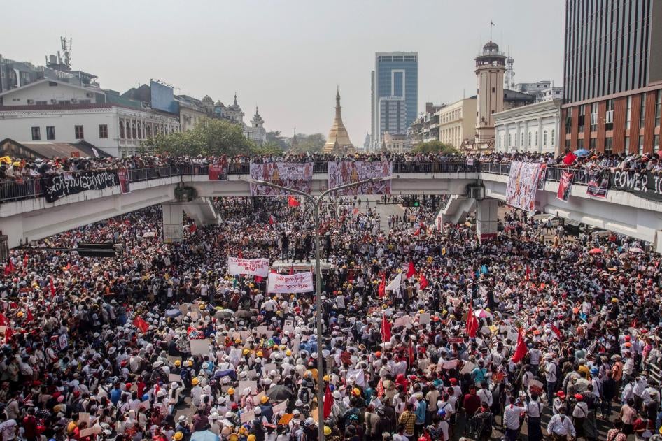 Protesters gather at a demonstration in Yangon, February 22, 2021.