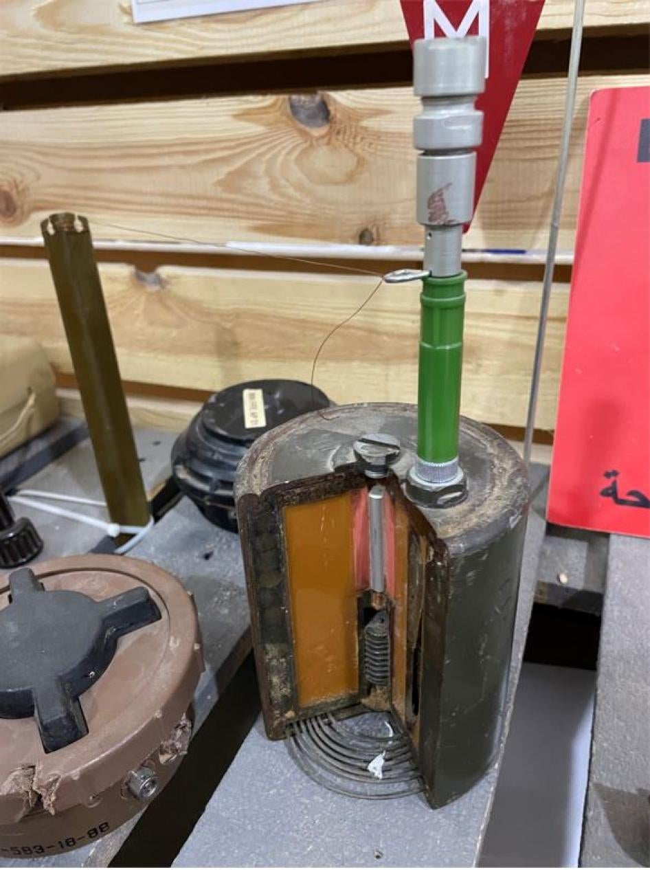 A OZM-72 antipersonnel bounding fragmentation mine that has been modified for display at Free Fields, Tripoli, Libya in March 2022.