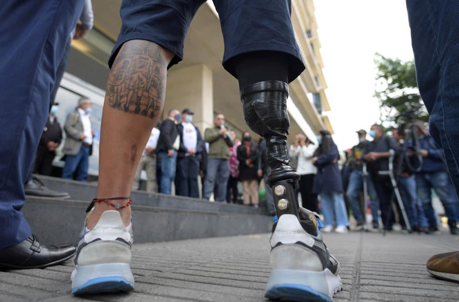 A landmine survivor wearing a prosthetic leg at an event to commemorate the International Day for Mine Awareness and Assistance in Mine Action in Bogotá, Colombia, April 4, 2022. Colombia is one of 164 countries that has prohibited antipersonnel landmines. 