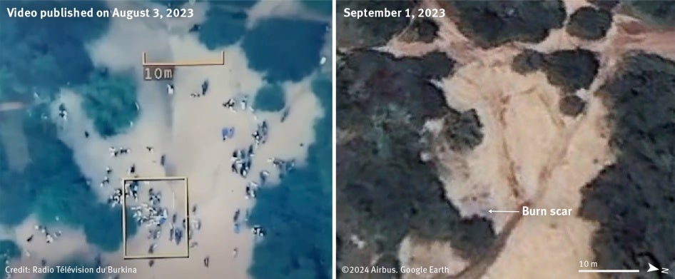 Left, screenshot of a video from a Burkinabè military drone on August 3, 2023, taken from Radiodiffusion Télévision du Burkina’s YouTube channel. It shows a moment before a guided munition struck dozens of people and animals in Bouro village. © Radiodiffusion Télévision du Burkina. Right, satellite imagery taken on September 1, 2023 shows a burn scar in the same location. Image © 2024 Airbus. Source Google Earth. Analysis and Graphics © 2024 Human Rights Watch