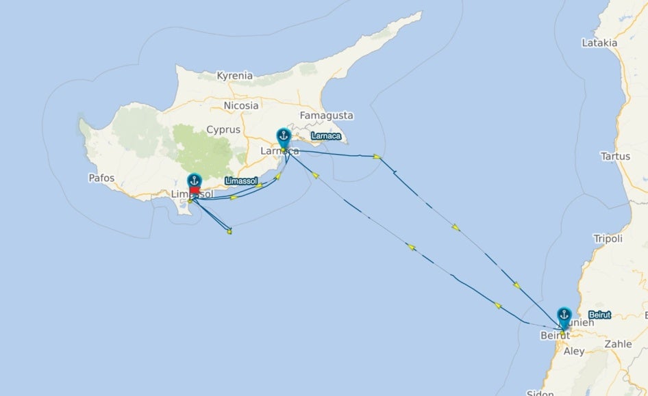 Mapping showing the route of a boat