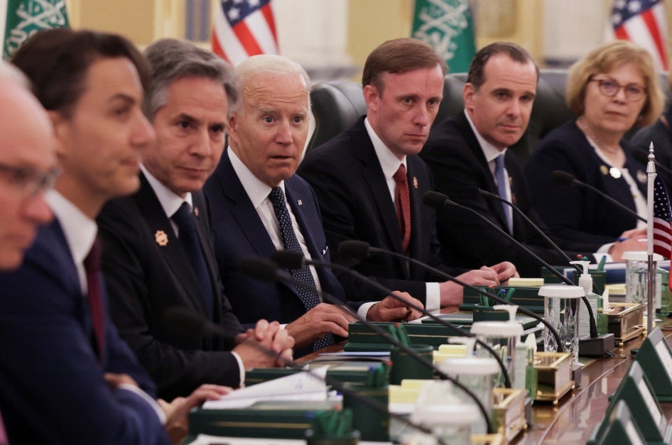 U.S. President Joe Biden (C) and Secretary of State Antony Blinken (C-L) in a meeting with Saudi Crown Prince Mohammed bin Salman, at Al Salam Royal Palace, in Jeddah, Saudi Arabia, July 15, 2022.