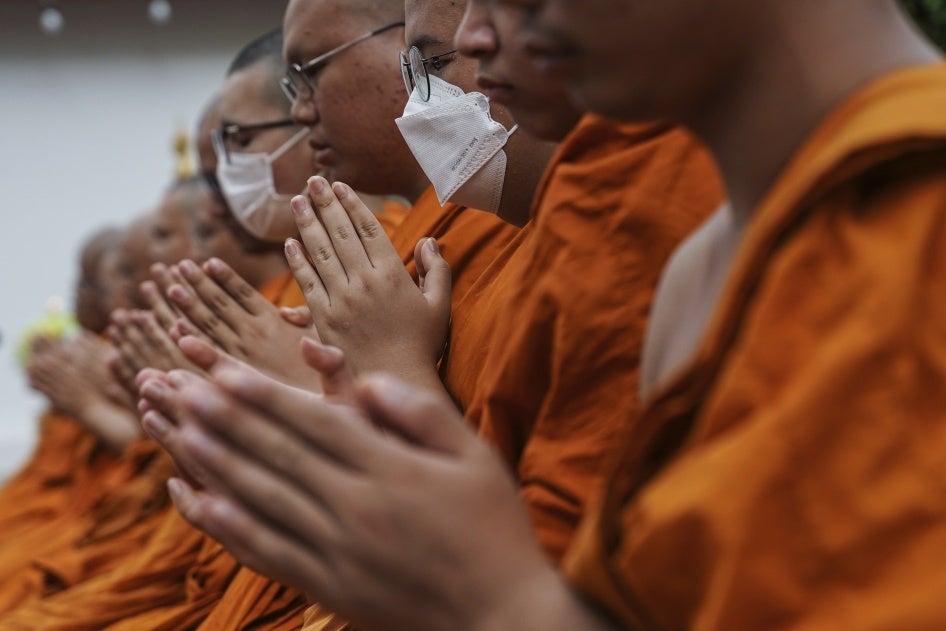 Buddhist monks mark the Songkran celebrations at Wat Pho temple in Bangkok, Thailand, April 13, 2025. 