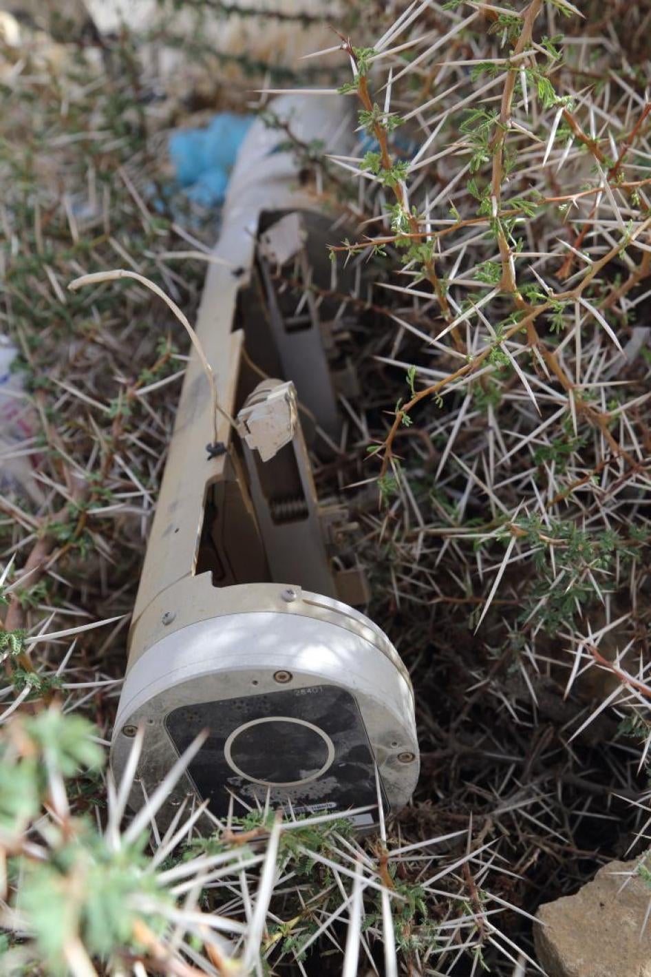 An expended BLU-108 canister from a CBU-105 Sensor Fuzed Weapon found in the al-Amar area of al-Safraa, Saada governorate, in northern Yemen on April 27. 