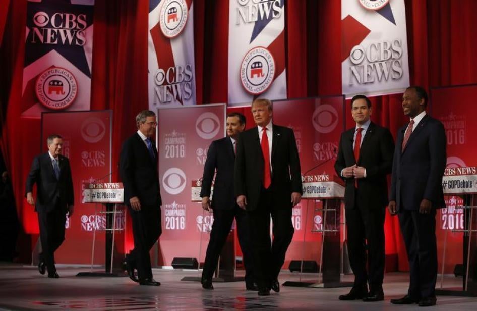 Republican U.S. presidential candidates (L-R) Governor John Kasich, former Governor Jeb Bush, U.S. Senator Ted Cruz, businessman Donald Trump, Senator Marco Rubio and Dr. Ben Carson arrive onstage before the start of the Republican U.S. presidential candi