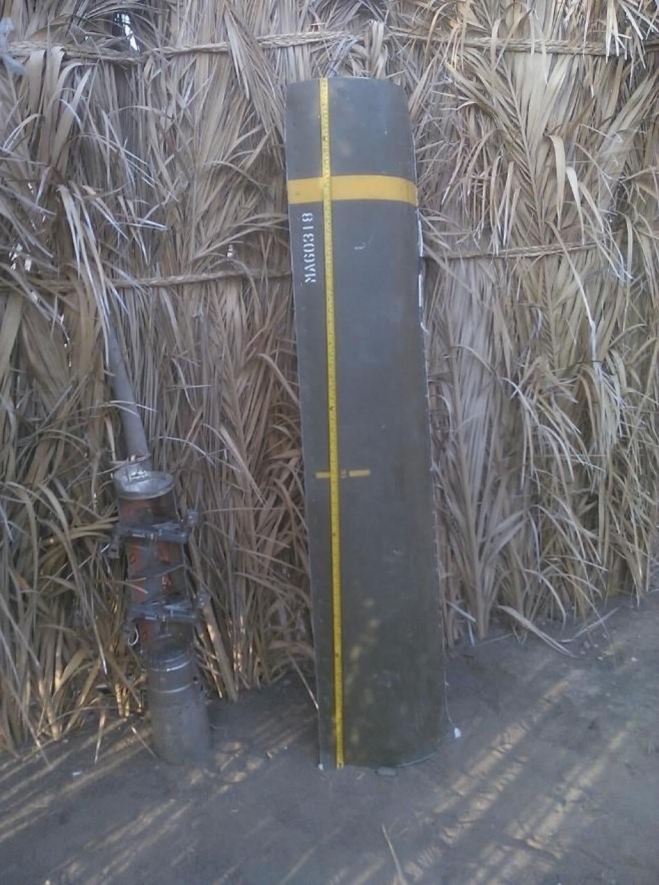 Remnants of a CBU-105 Sensor Fuzed Weapon (right) and a BLU-108 canister used in the attack on al-Hayma Port in Hodaida governorate on December 12, 2015.