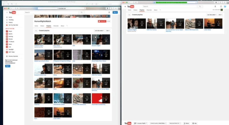 Screenshot depicting Human Rights Watch's YouTube page with restricted view off (L) and again with it on. 