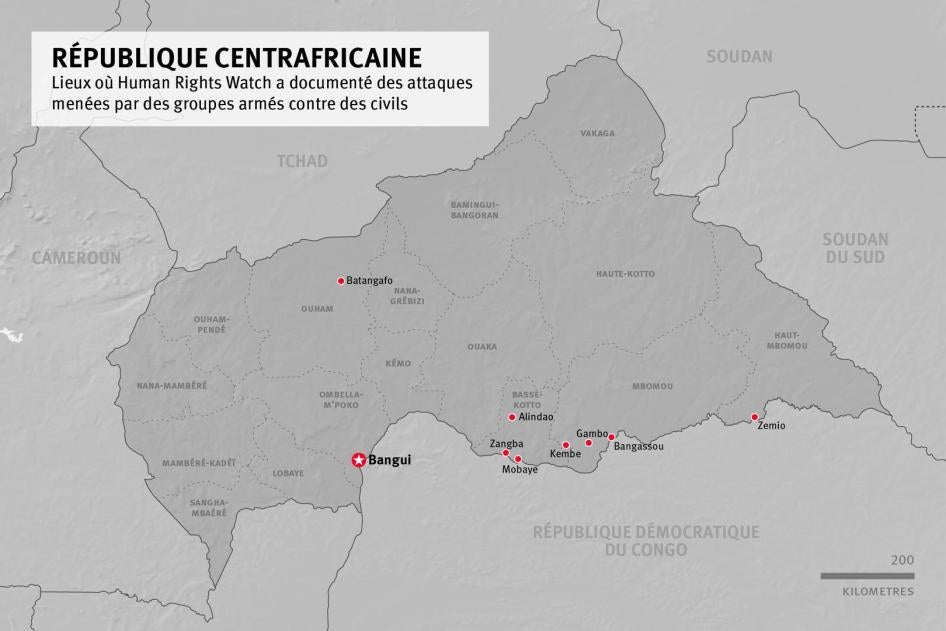 République centrafricaine: Lieux où Human Rights Watch a documenté des attaques menées par des groupes armés contre des civils, Mai-Octobre 2017