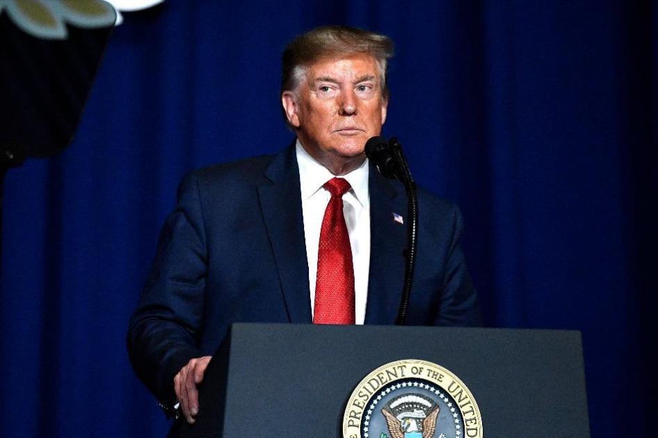 President Donald Trump addresses the audience at the 75th annual AMVETS National Convention in Louisville, Kentucky.