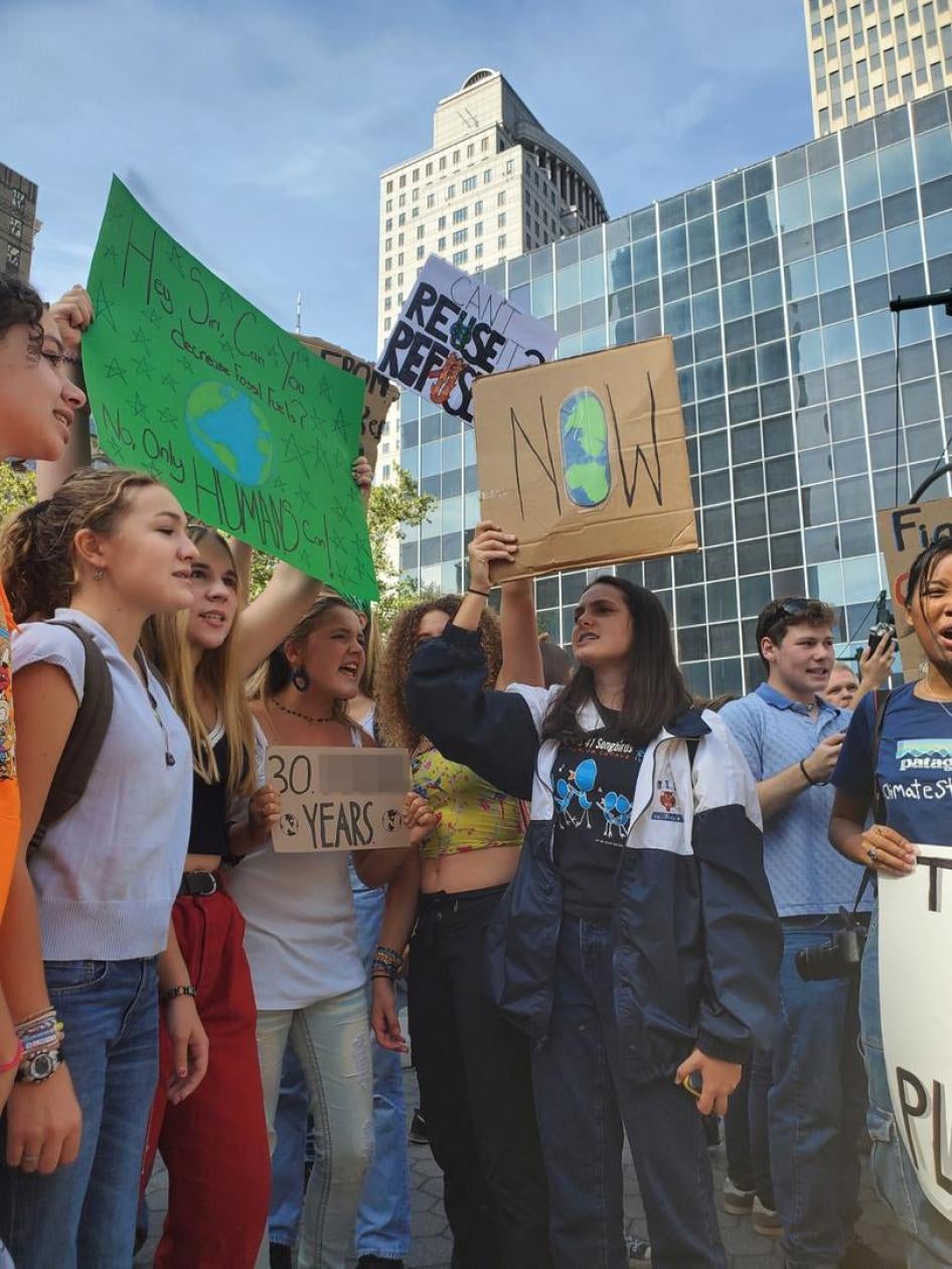 “The oceans are rising and so are we!” These girls lead the chant that was picked up by the surrounding crowd in Foley Square.