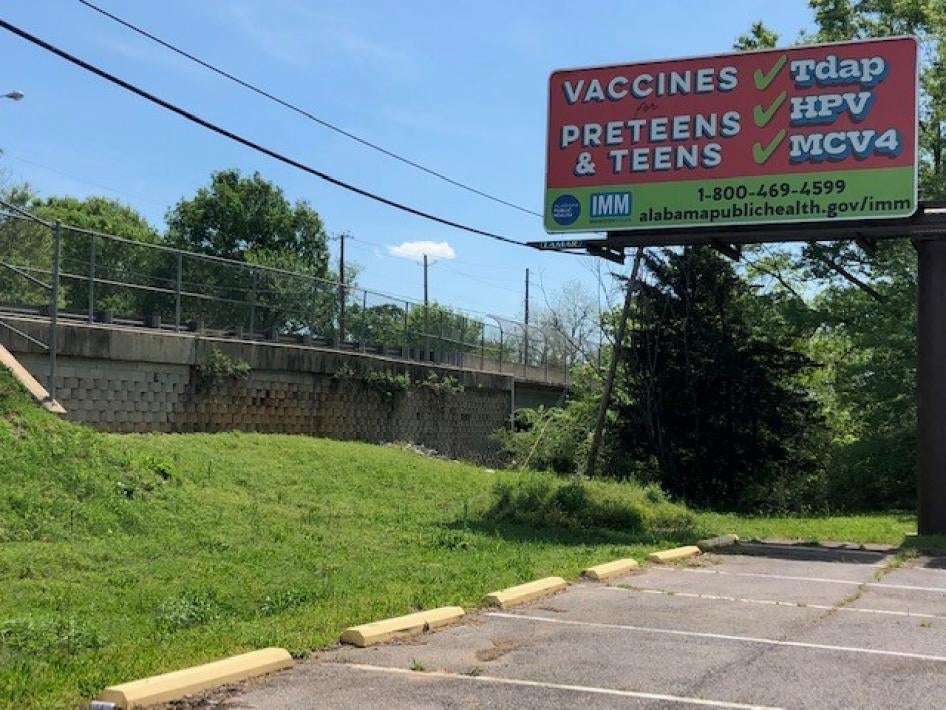 A billboard by the Alabama Department of Public Health in Eutaw, Greene County, raises awareness of recommended adolescent vaccines, including the HPV vaccine.