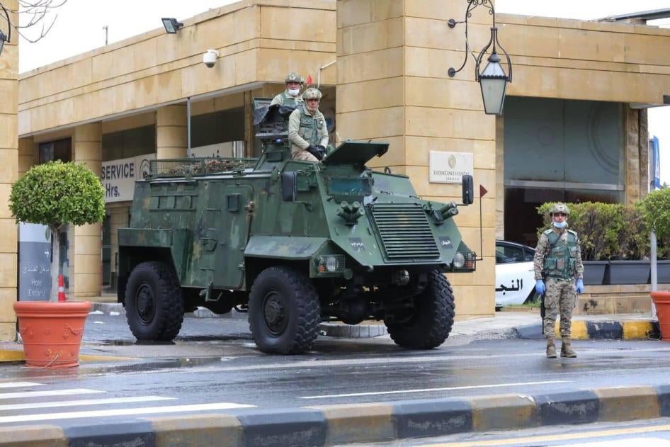 Jordanian Armed Forces guarding a hotel used as a quarantine site in Amman, Jordan. 18 March 2020.