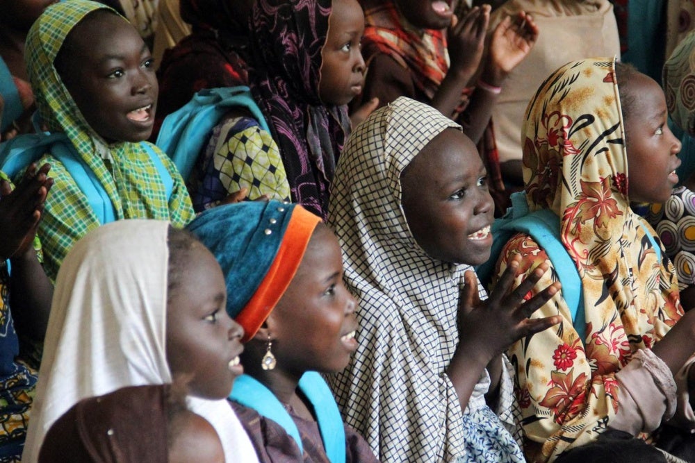 Internally displaced children attending classes at a displacement camp in Maiduguri, Borno state, September 2015. © 2015 Bede Sheppard, Human Rights Watch 