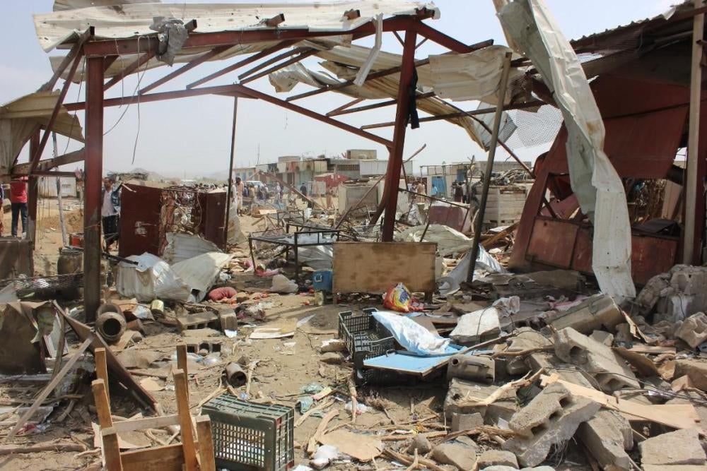 The covered market in Mastaba where vendors sold qat, a plant widely chewed in Yemen as a mild stimulant, vegetables, and household goods that was destroyed in the March 15 airstrike. 