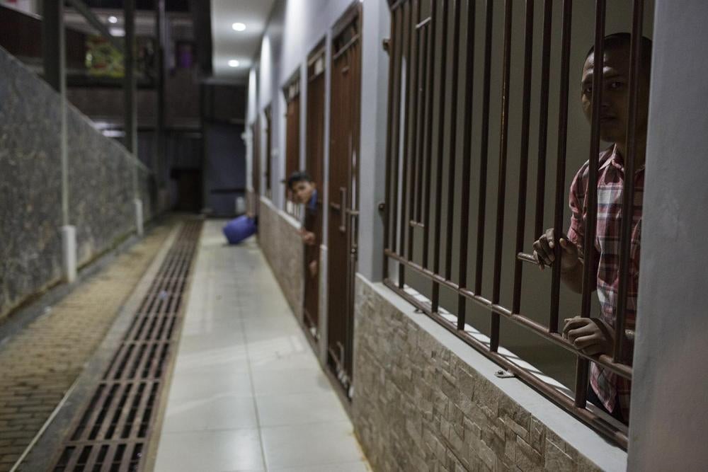 Newly built isolation rooms in Galuh Rehabilitation Center in Bekasi often house multiple people. 