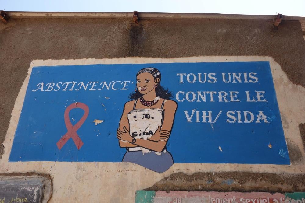 A mural in a lower secondary school in the city of Sédhiou, southern Senegal, promotes abstinence to tackle HIV/AIDS. 
