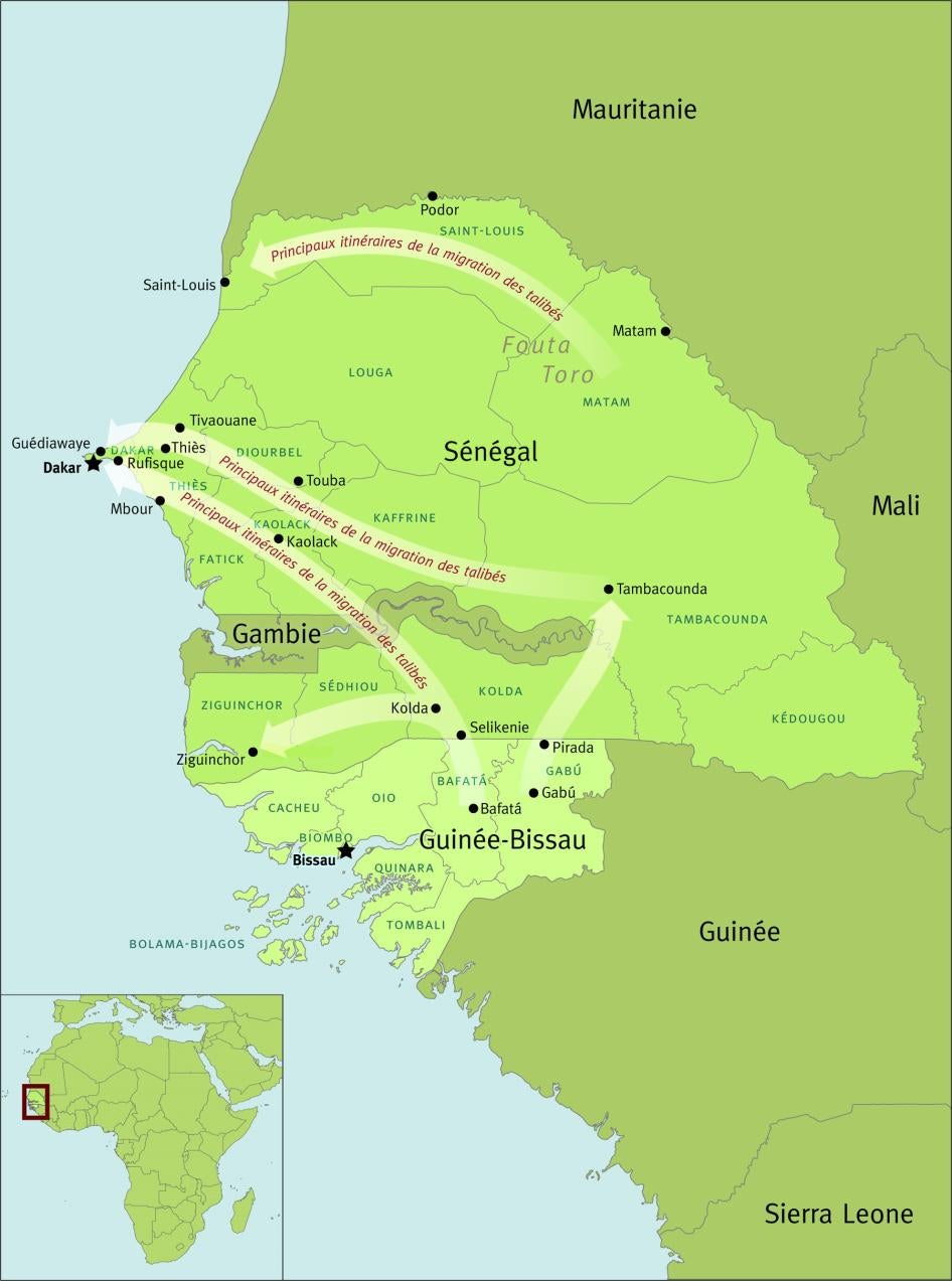 Les principaux itinéraires, au Sénégal et en Guinée-Bissau, de la migration des talibés – des élèves d’écoles coraniques les soumettant à la mendicité forcée.  