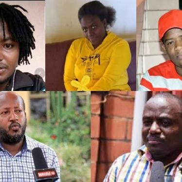 From top left to right: Innocent Bahati, Yvonne Idamange, Dieudonné Niyonsenga (alias Cyuma Hassan), Aimable Karasira, and Theoneste Nsengimana.