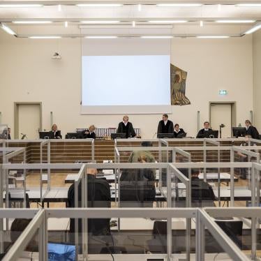 Judge Anne Kerber (center) stands in a hall of the regional court in Koblenz, Germany on June 4, 2020.