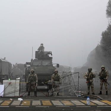 Troops are seen at the main square in Almaty, Kazakhstan where hundreds of people were protesting against the government, after authorities' decision to lift price caps on liquefied petroleum gas, January 6, 2022.