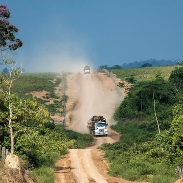 Trucks carrying illegally harvested logs exit the Terra Nossa settlement, September 30, 2019.