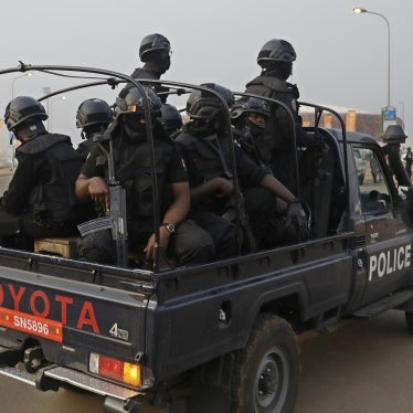 Cameroonian police officers near the Olembe stadium in Yaoundé, Cameroon, February 3, 2022.