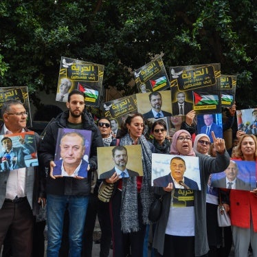 Relatives of detainees accused of involvement in a conspiracy case against state security, on the day of the first hearing in front of the court in Tunis, Tunisia, on March 4, 2025.