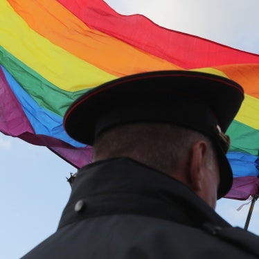 A law enforcement officer stands guard during the LGBT community rally "X St.Petersburg Pride" in Saint Petersburg, Russia, August 3, 2019. 